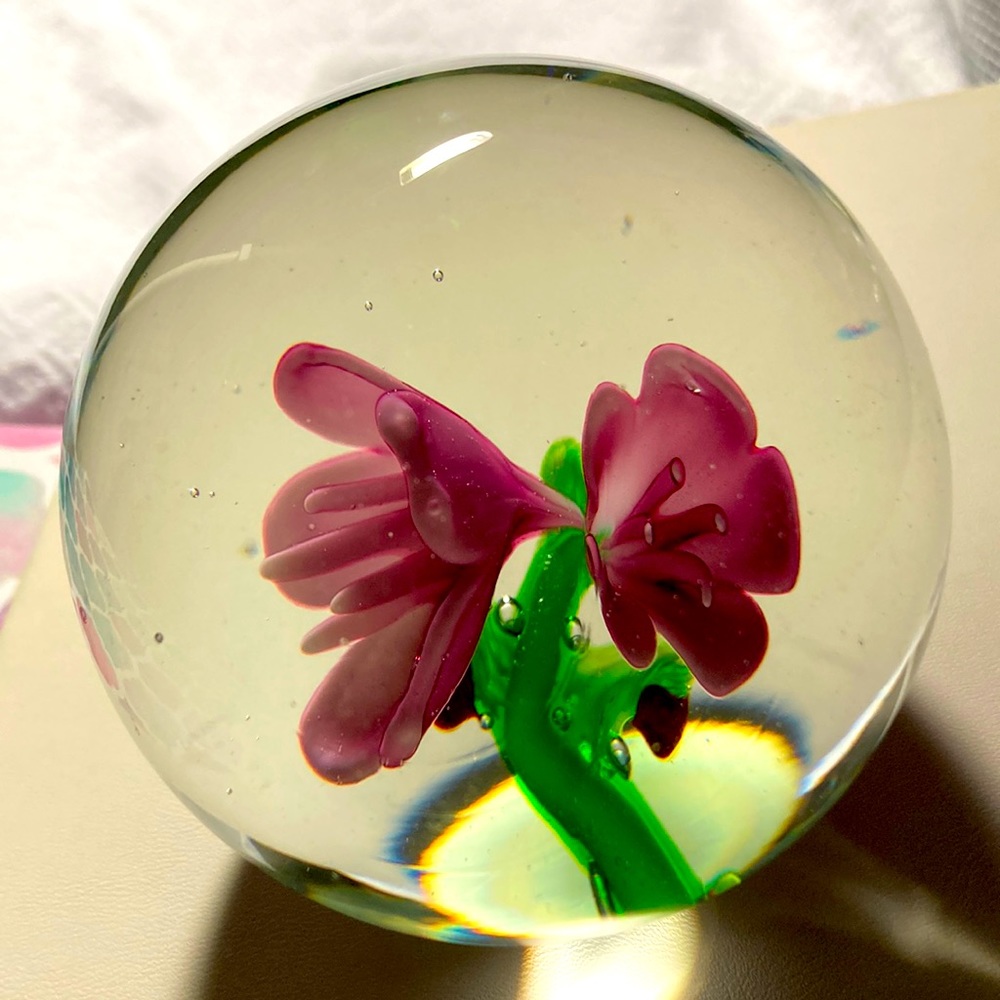 Pink and green flower paperweight.  Vintage. #343